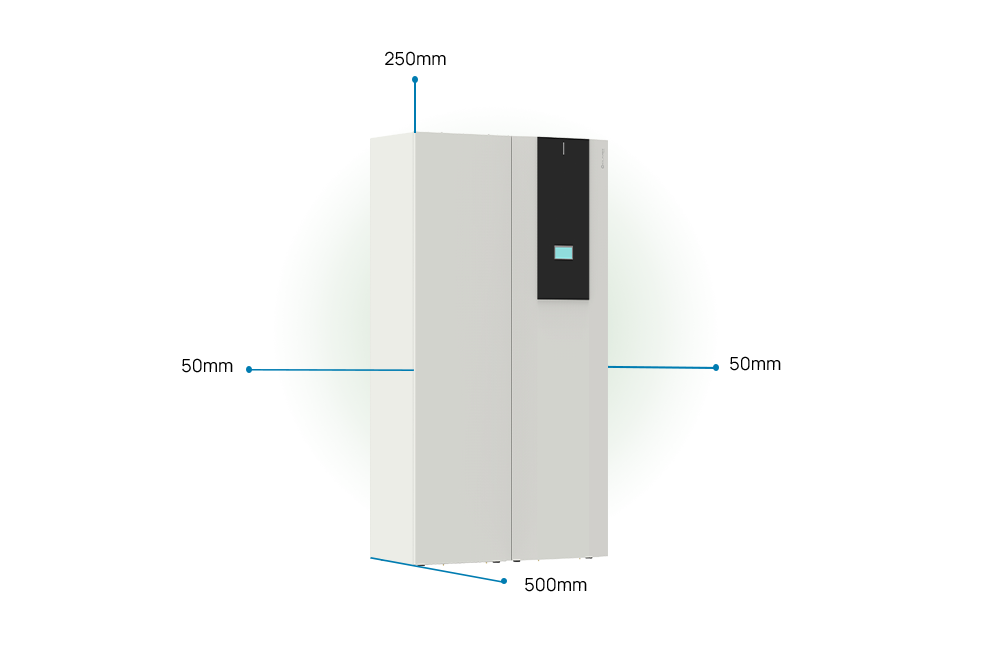 Respect distances to maintain indoor unit 500 millimetres front, 50 millimetres both sides, 250 millimetres top